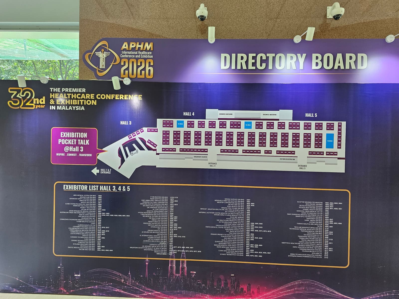 APHM 2026 exhibition directory board showing the floor plan and exhibitor list for Halls 3, 4 and 5 — MedicalMet